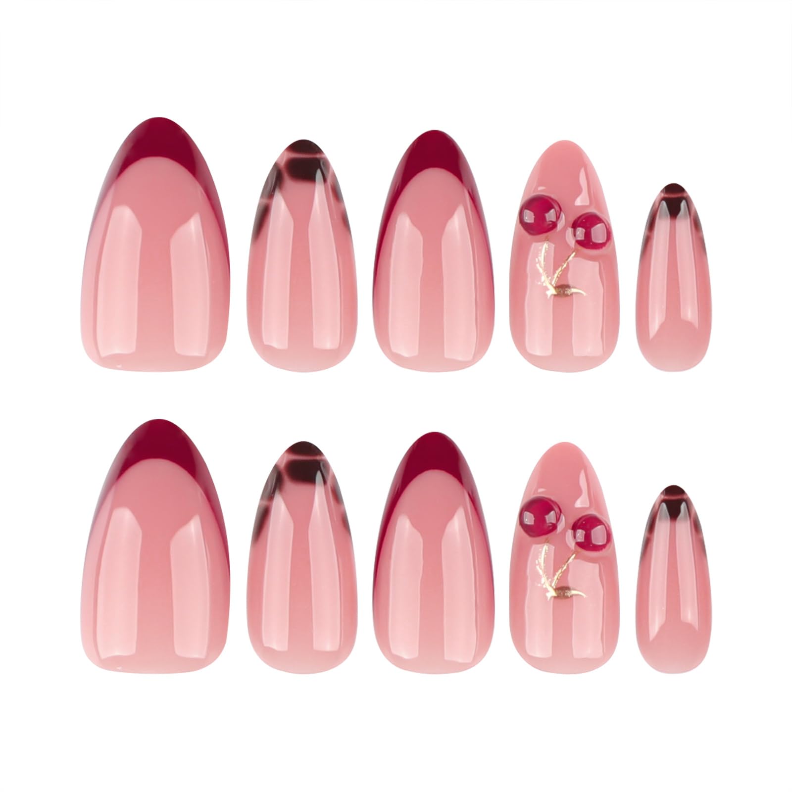 Mivota almond nails showing gold branch detail on the design
