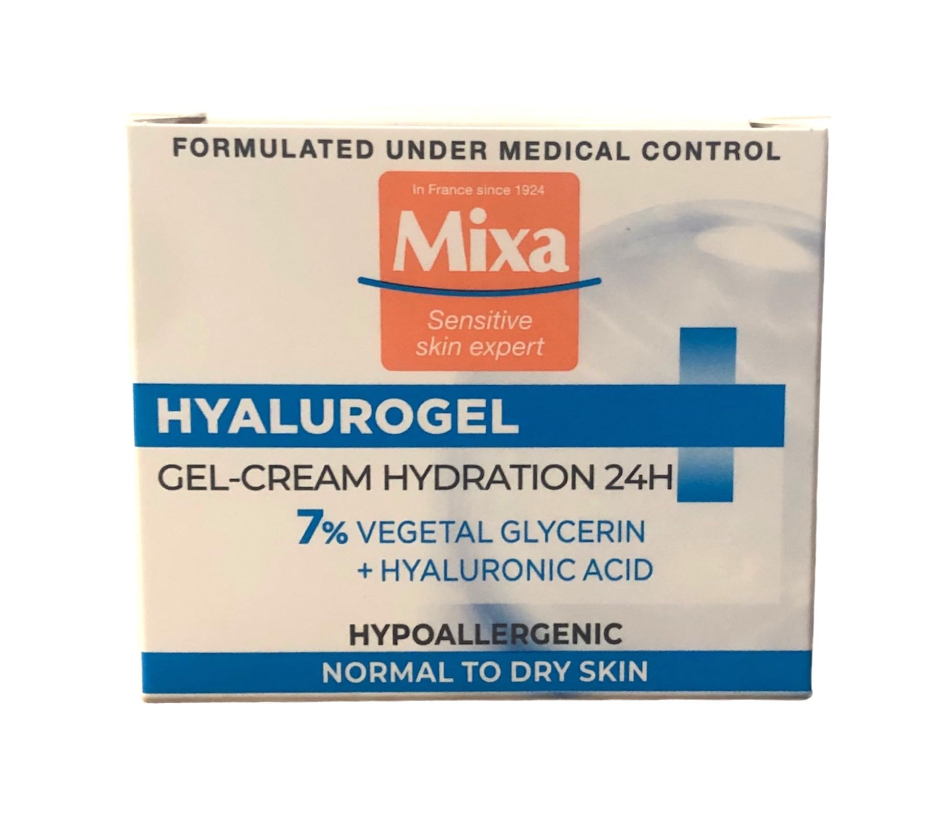 Mixa Hyalurogel 50ml packaging image for portable hydration on the go.