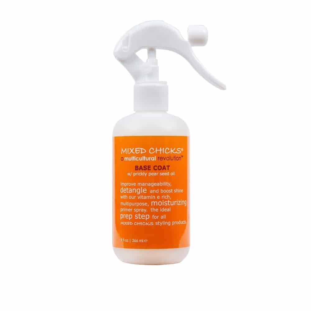 Mixed Chicks Base Coat bottle demonstrates detangling and shine preparation.