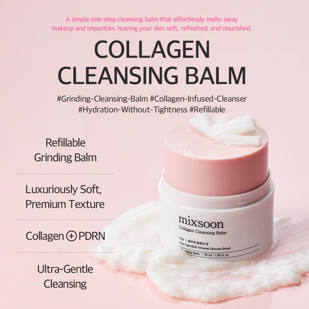 Mixsoon Collagen Cleansing Balm jar closeup shows silky texture and skin-softening benefits