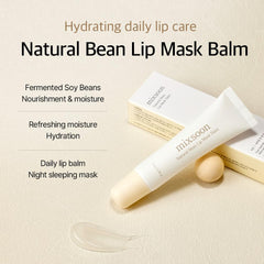 Mixsoon lip mask balm jar close-up with shea butter nourishment highlight.