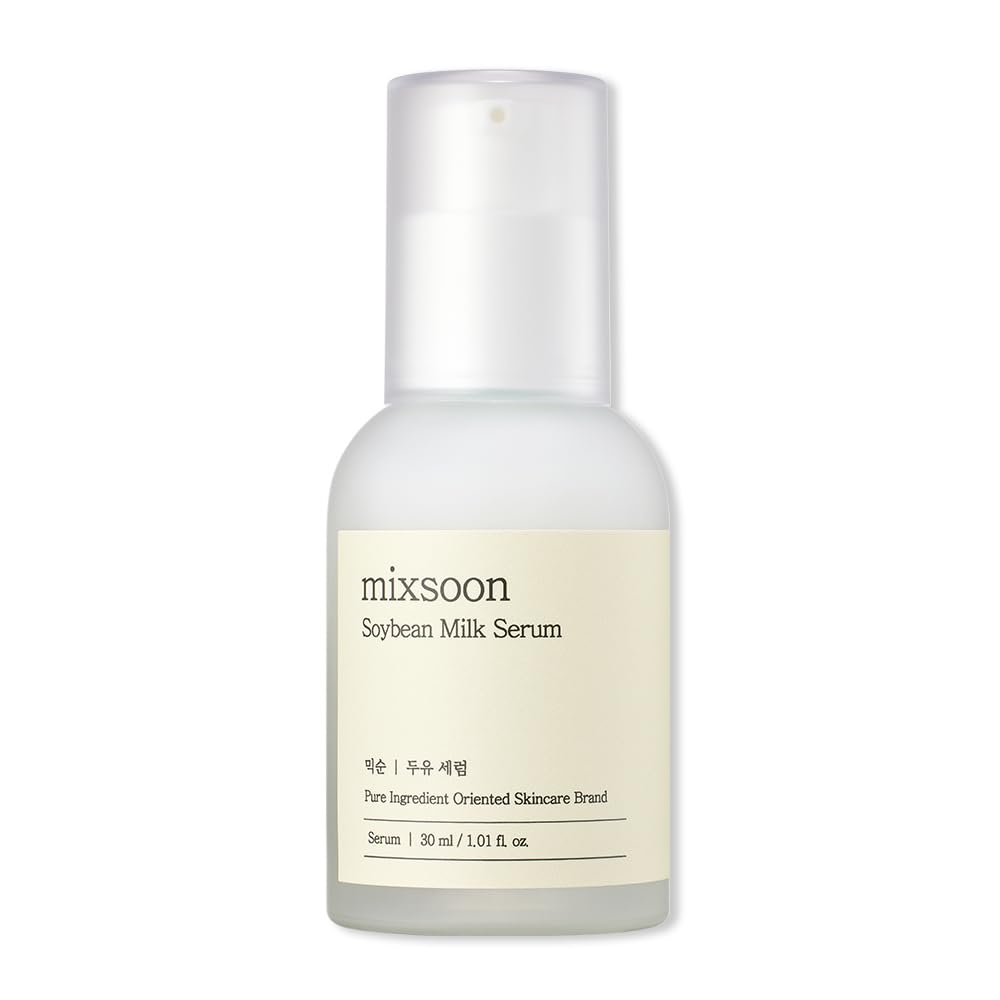 Mixsoon Soybean Milk Serum bottle, hydrating and smoothing skin on display.