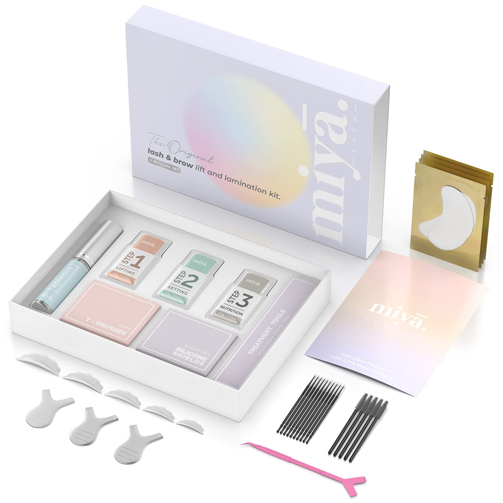 MIYA LASH aftercare visuals showing lifted lashes and fluffy brows.