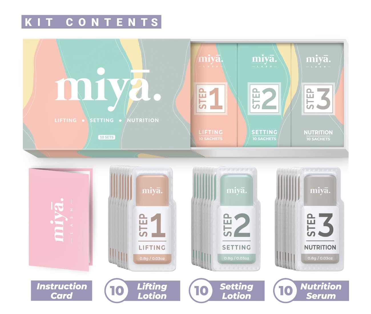MIYA LASH brow lamination lotion bottle highlights brow lift results