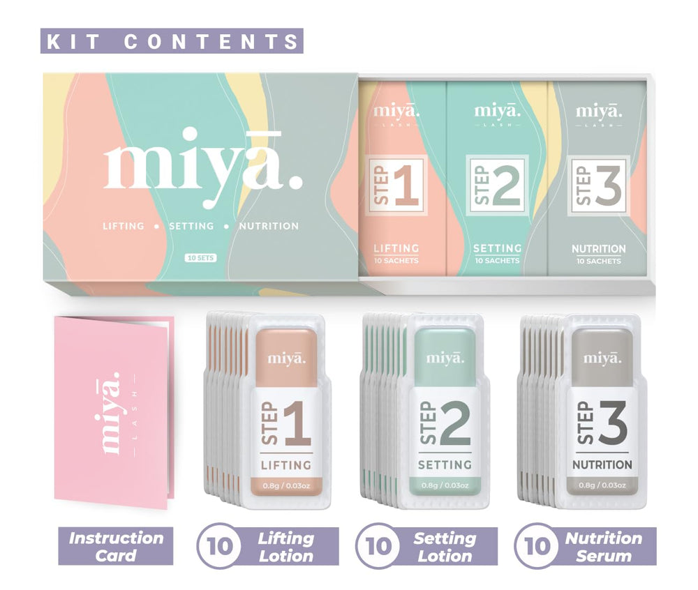MIYA LASH brow lamination lotion bottle highlights brow lift results