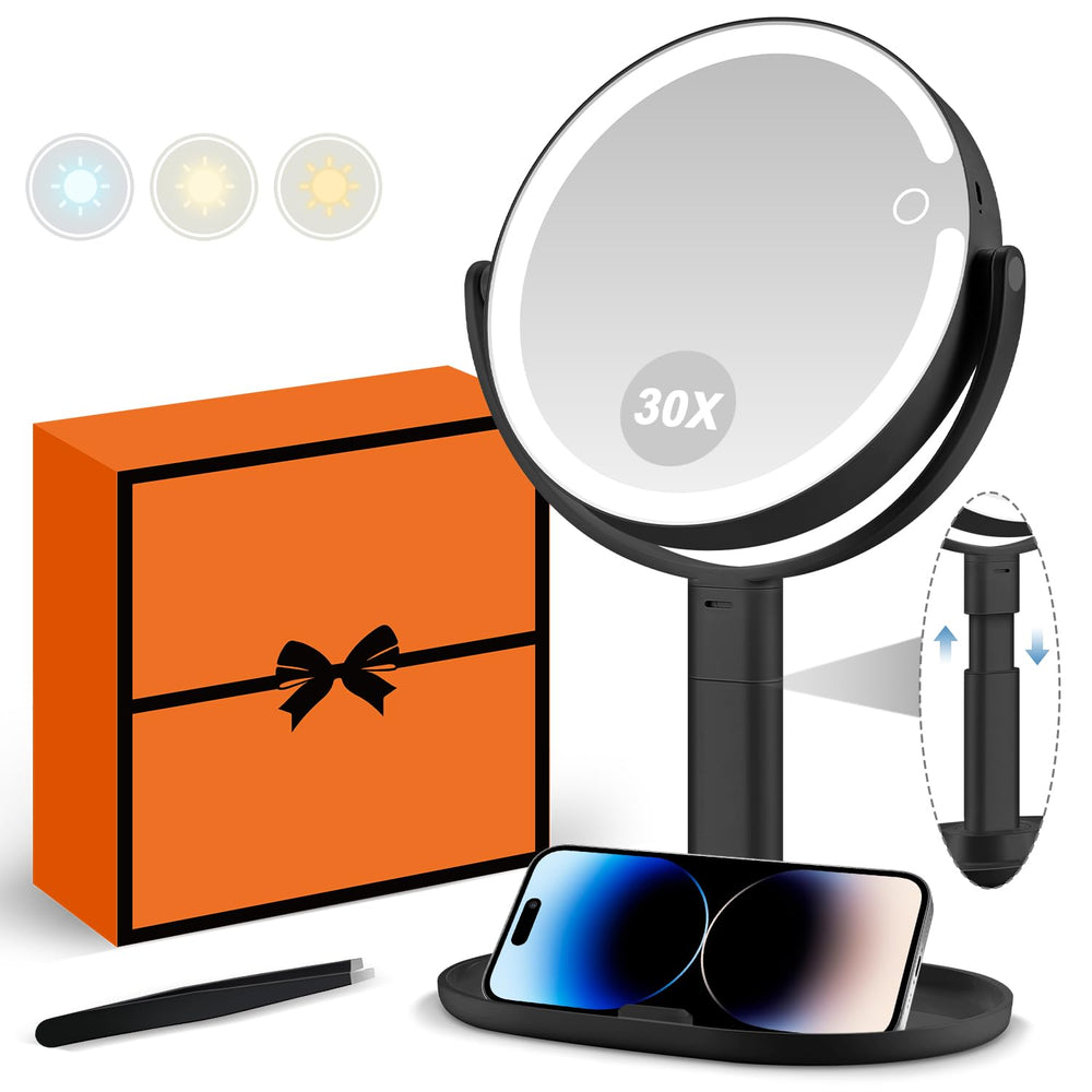 MIYADIVA makeup mirror with 30x magnification and lights for precise detail.