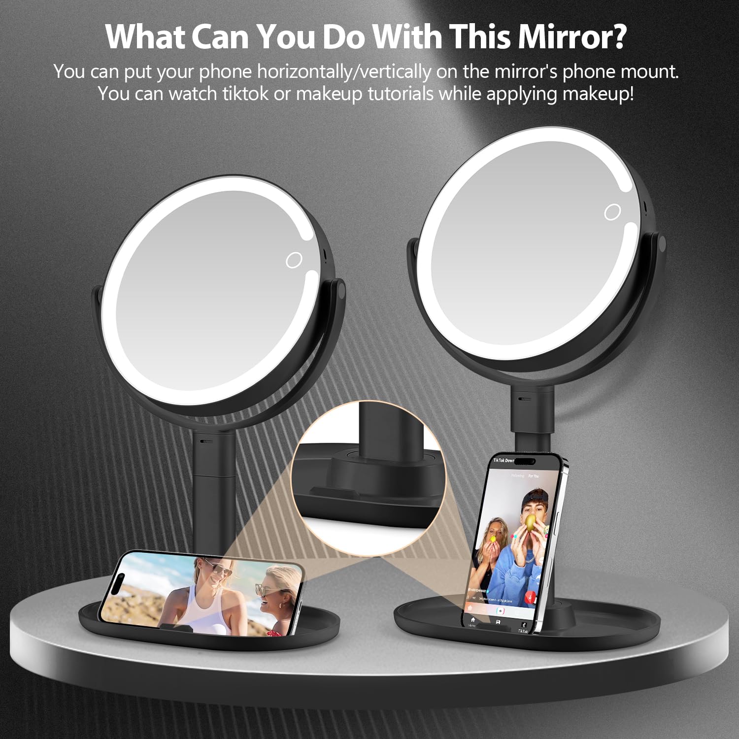 MIYADIVA desk mirror includes a phone holder for tutorials hands-free.