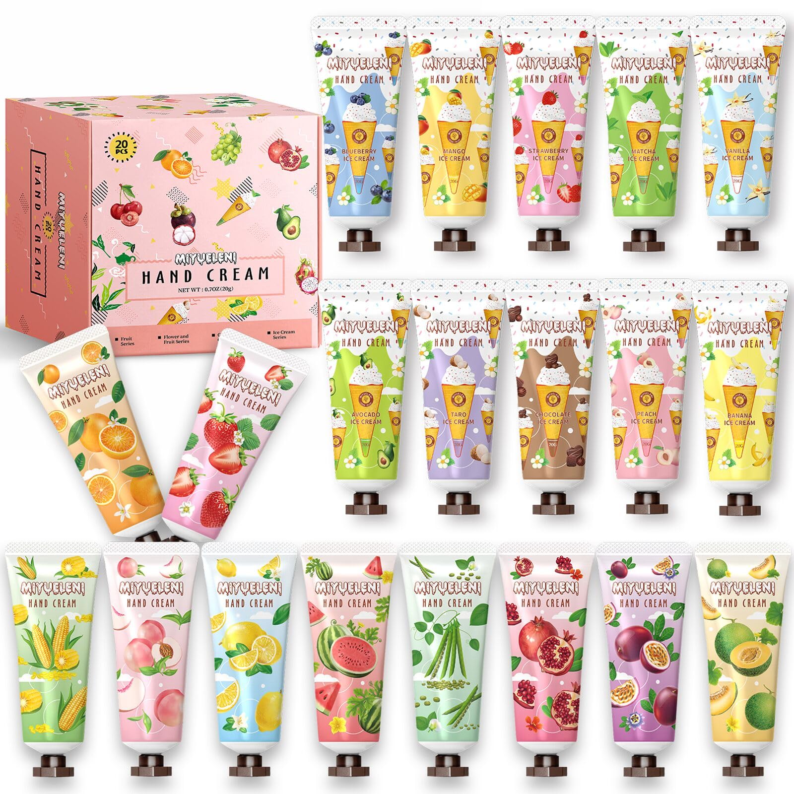 MIYUELENI 20-pack hand cream gift set with assorted scents for daily moisturizing.