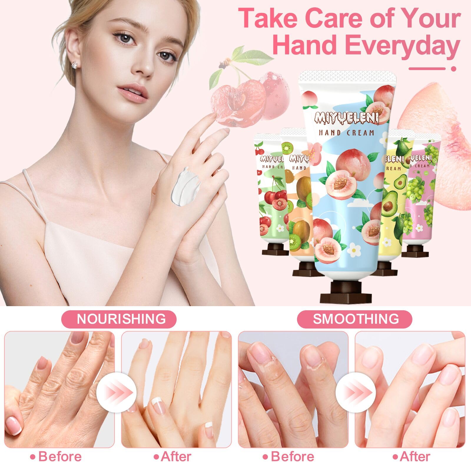 MIYUELENI green tea hand cream tube highlights refreshing, fast-absorbing hydration