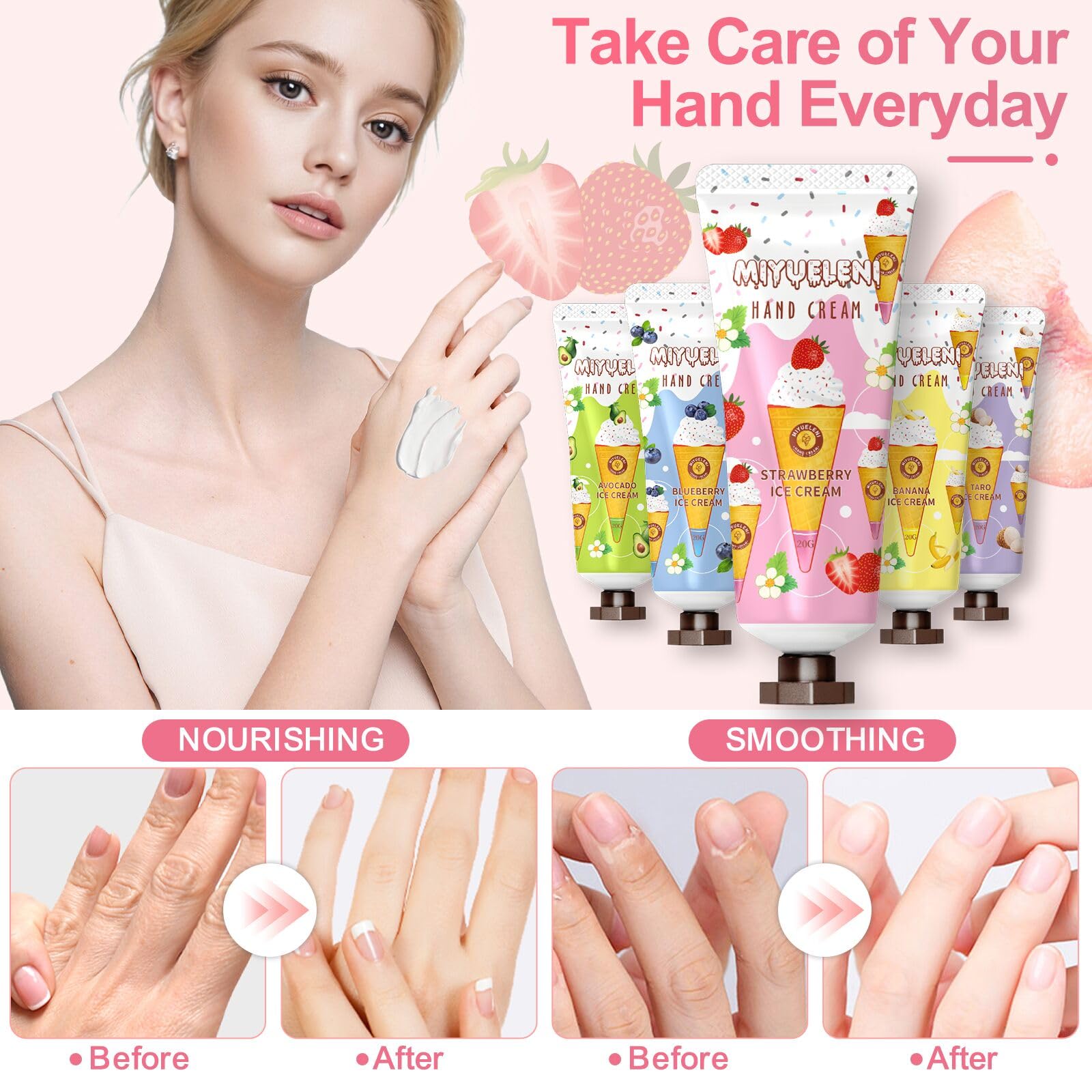 Scent-collection featuring mango, vanilla, and strawberry in MIYUELENI.
