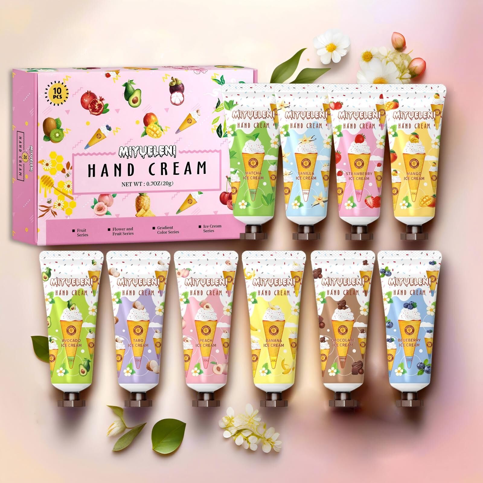 Close-up of MIYUELENI hand cream tubes with scent labels.