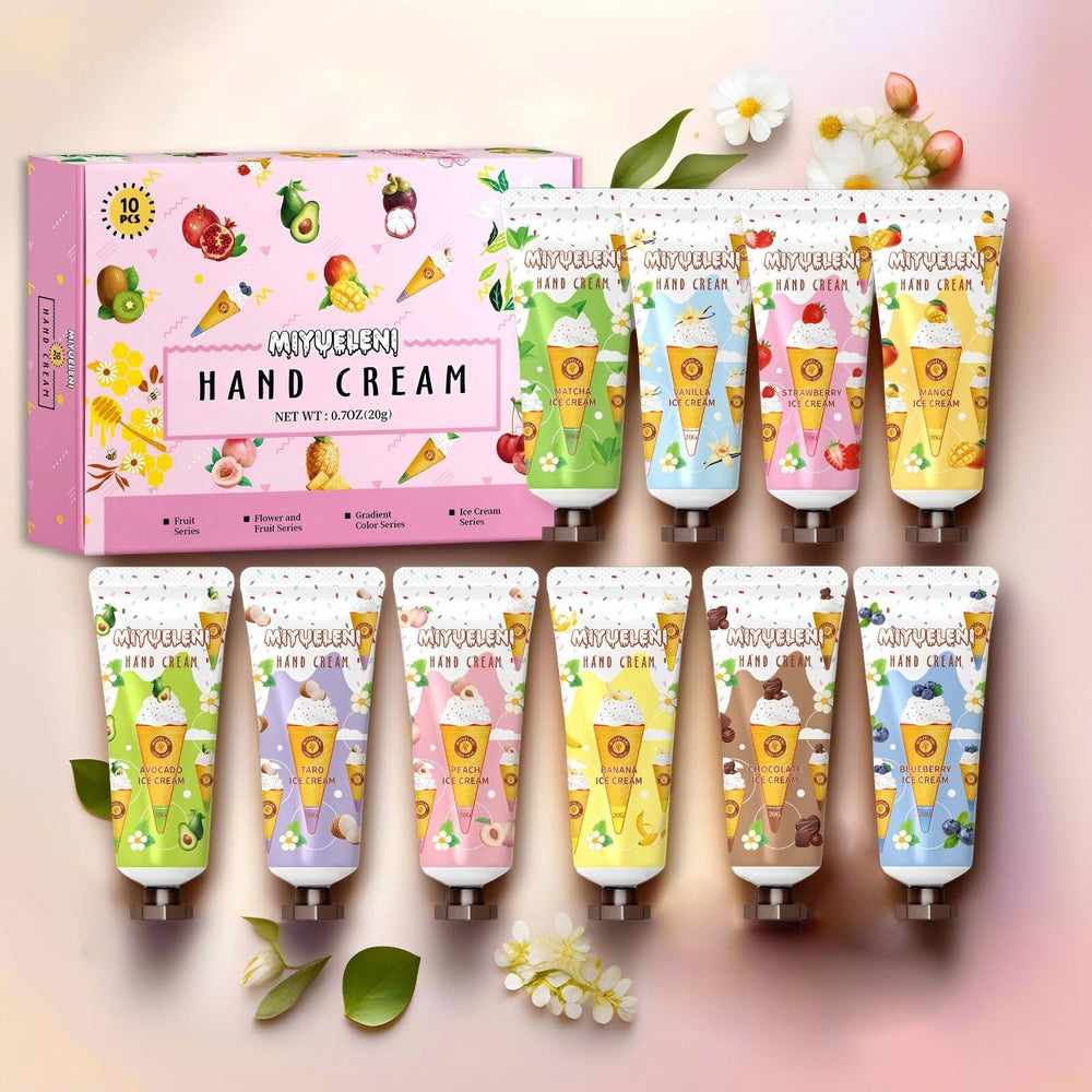Close-up of MIYUELENI hand cream tubes with scent labels.