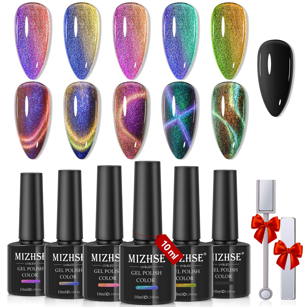 MIZHSE 9D Cat Eye set packaging with six colors for stylish at-home nails.