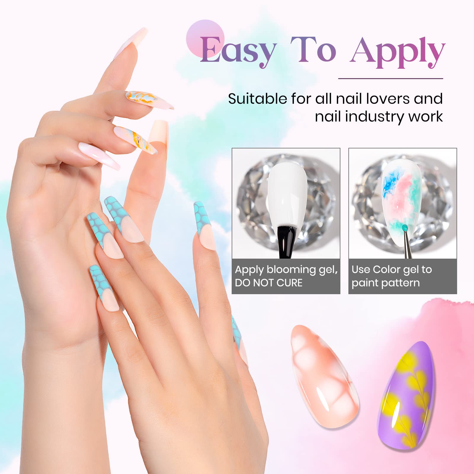MIZHSE Blooming Gel layer applied before curing to form blooming patterns.