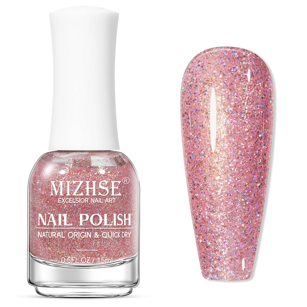 MIZHSE Glitter Pink Nail Polish bottle shows rich color and glossy shine.