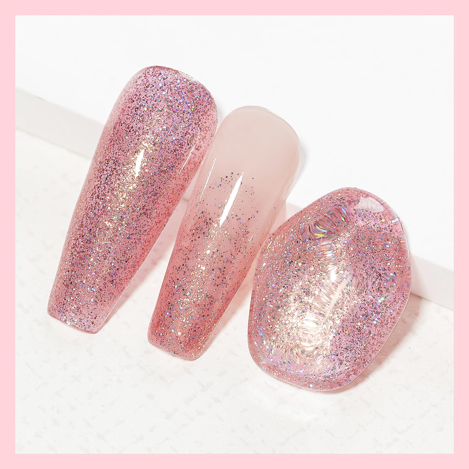 MIZHSE glitter pink nail polish on nails for a vibrant manicure.