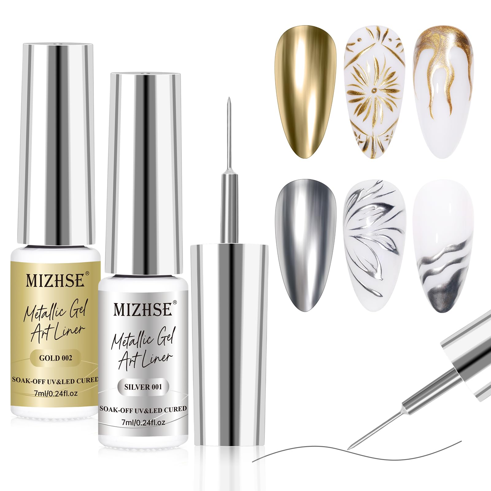 MIZHSE Gold & Silver Metallic Gel Liner creates chrome finish on nails.