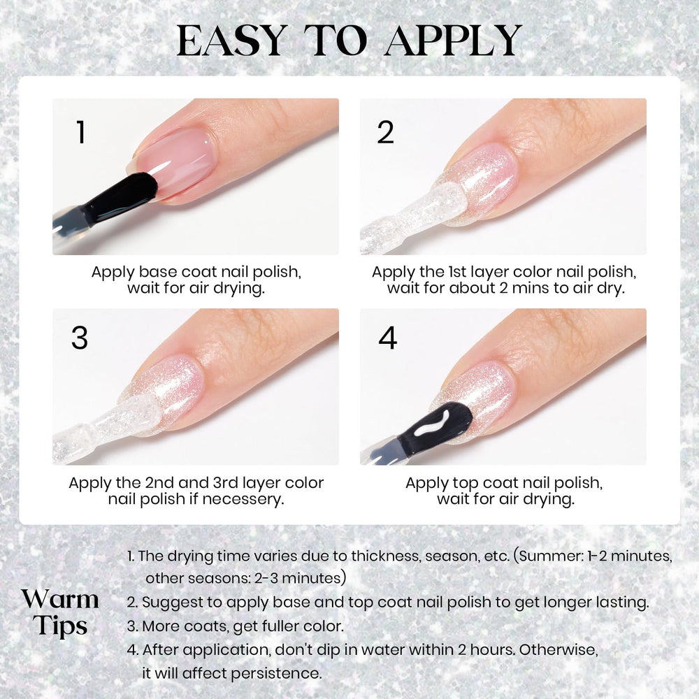 MIZHSE high-gloss sparkle finish on nails for chic manicure.