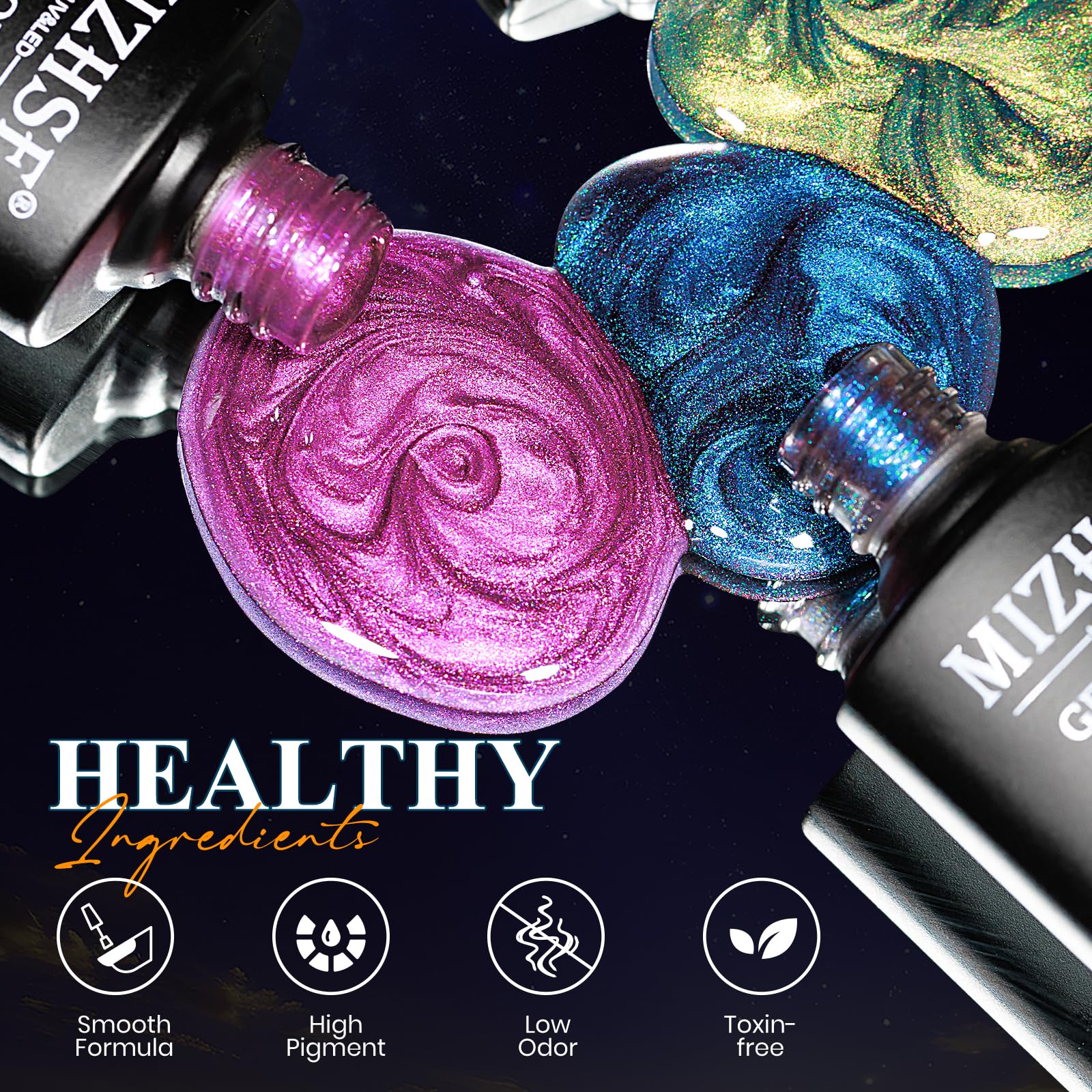 MIZHSE magnetic wands shown with polish to create dramatic cat-eye effects.
