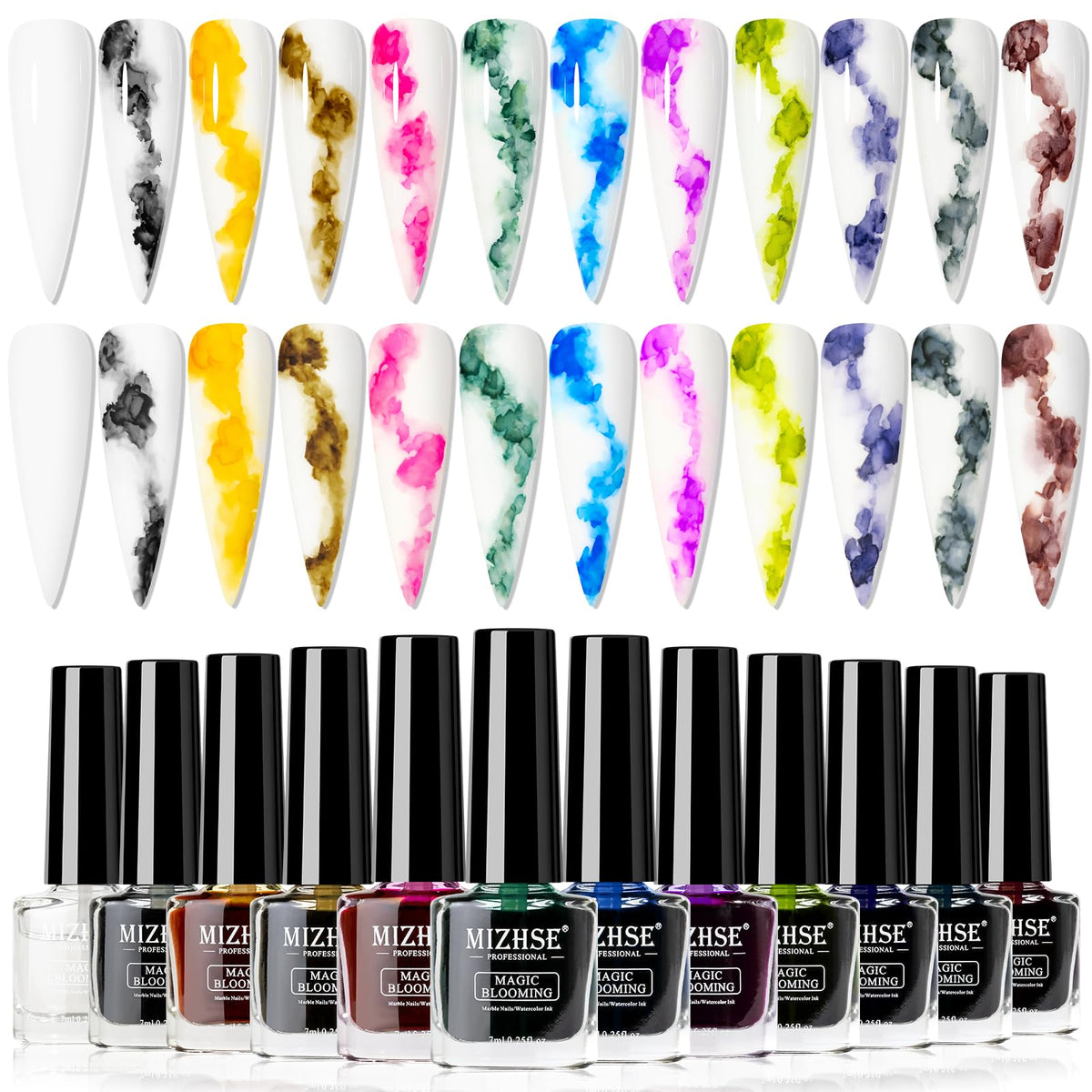 MIZHSE Marble Nail Polish bottle with blooming watercolor swirl for elegant nails