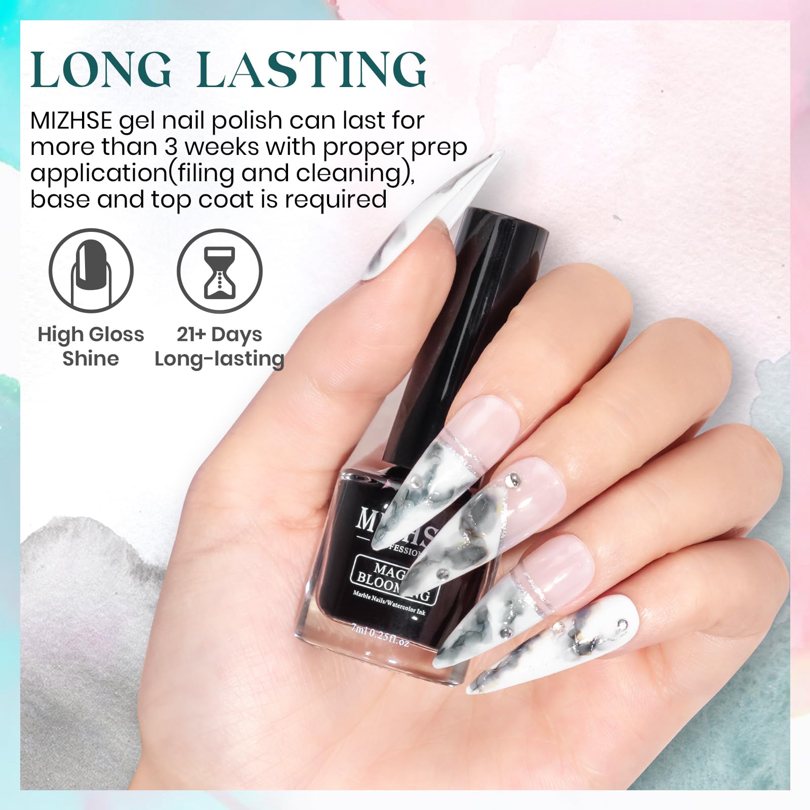 Close-up of watercolor bloom on nails using MIZHSE polish