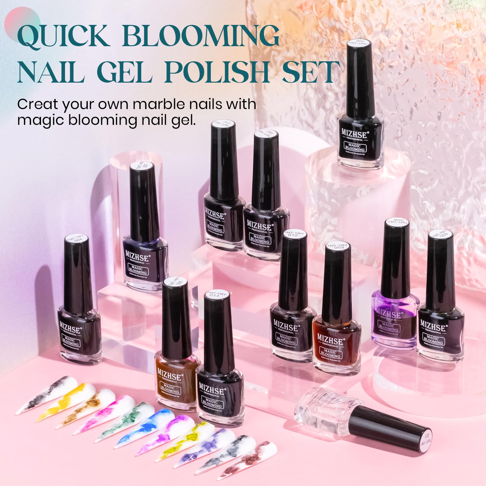 MIZHSE marble nail art showing flower-inspired patterns on nails