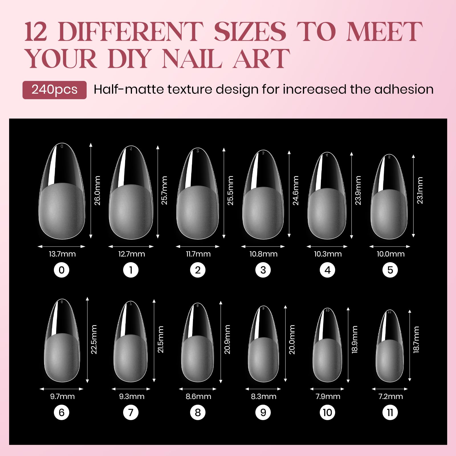 MIZHSE almond tips in 12 sizes for precise shaping.