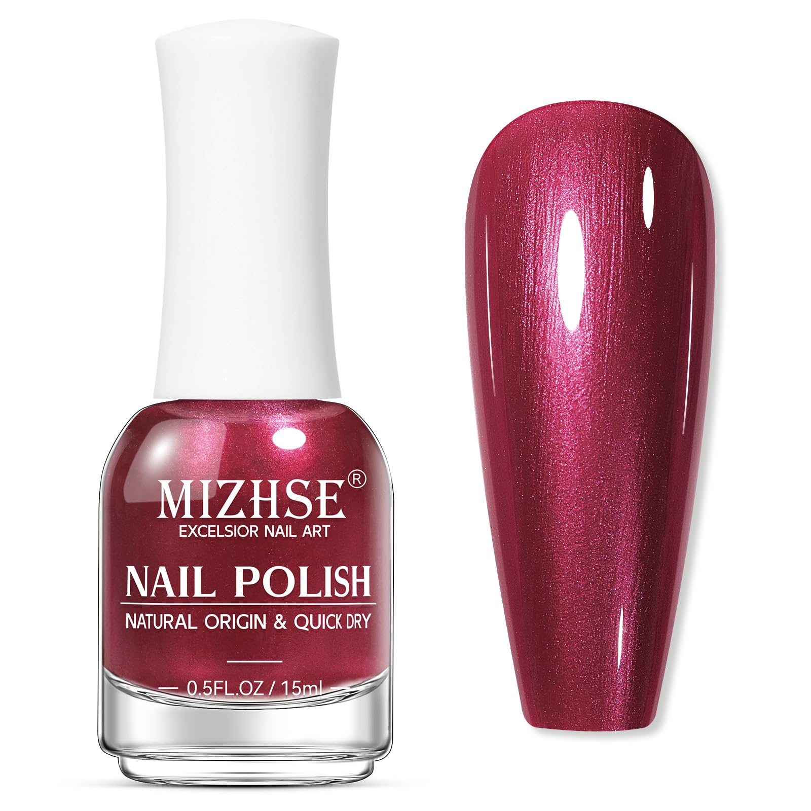 MIZHSE pearlescent red nail polish bottle adds bold color to everyday nails.