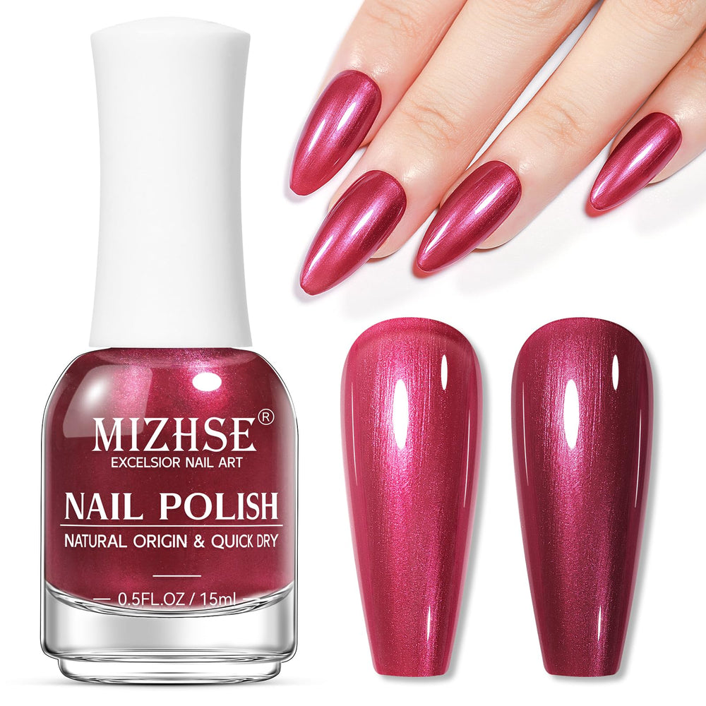 MIZHSE on nails displays a chic pearlescent red look.