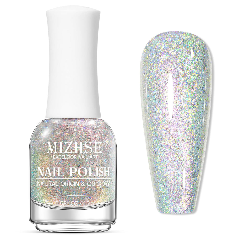 MIZHSE Rainbow Glitter Nail Polish bottle with iridescent sparkle.