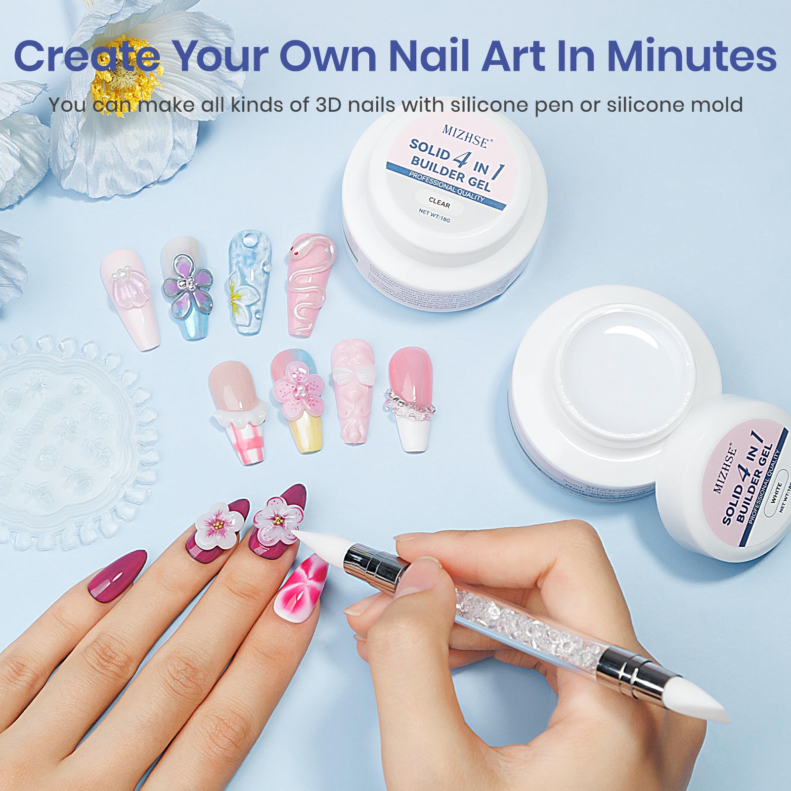 MIZHSE solid builder gel white 18g for sculpted 3D nail designs at home.