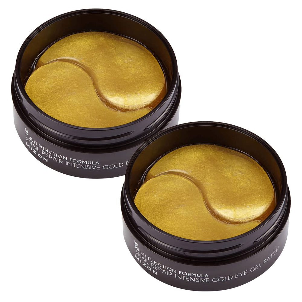 MIZON 24K gold under-eye patches close-up showing cooling hydrogel for refreshed under-eye skin