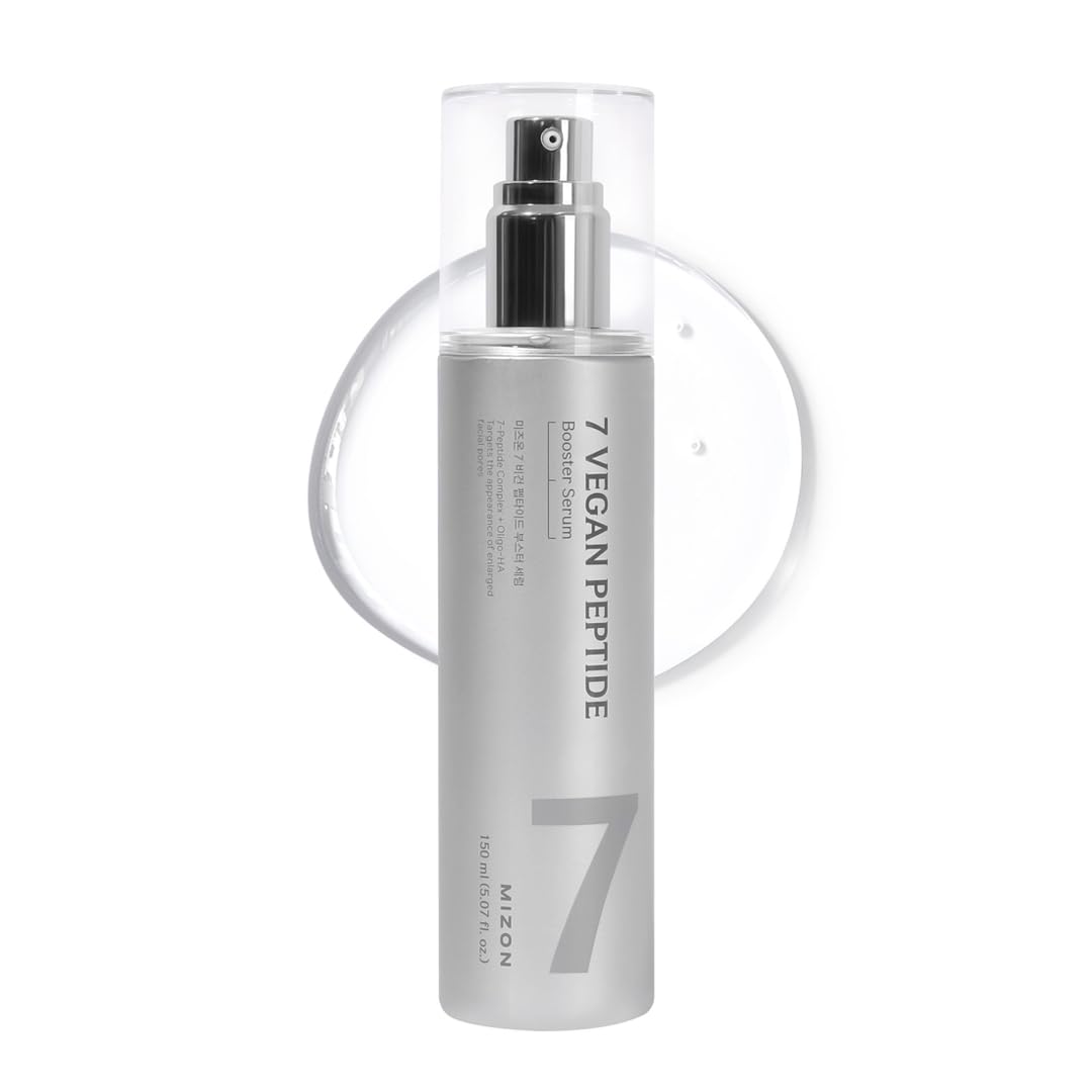 MIZON 7-Peptide Booster Serum bottle close-up showing vegan formula for radiant skin