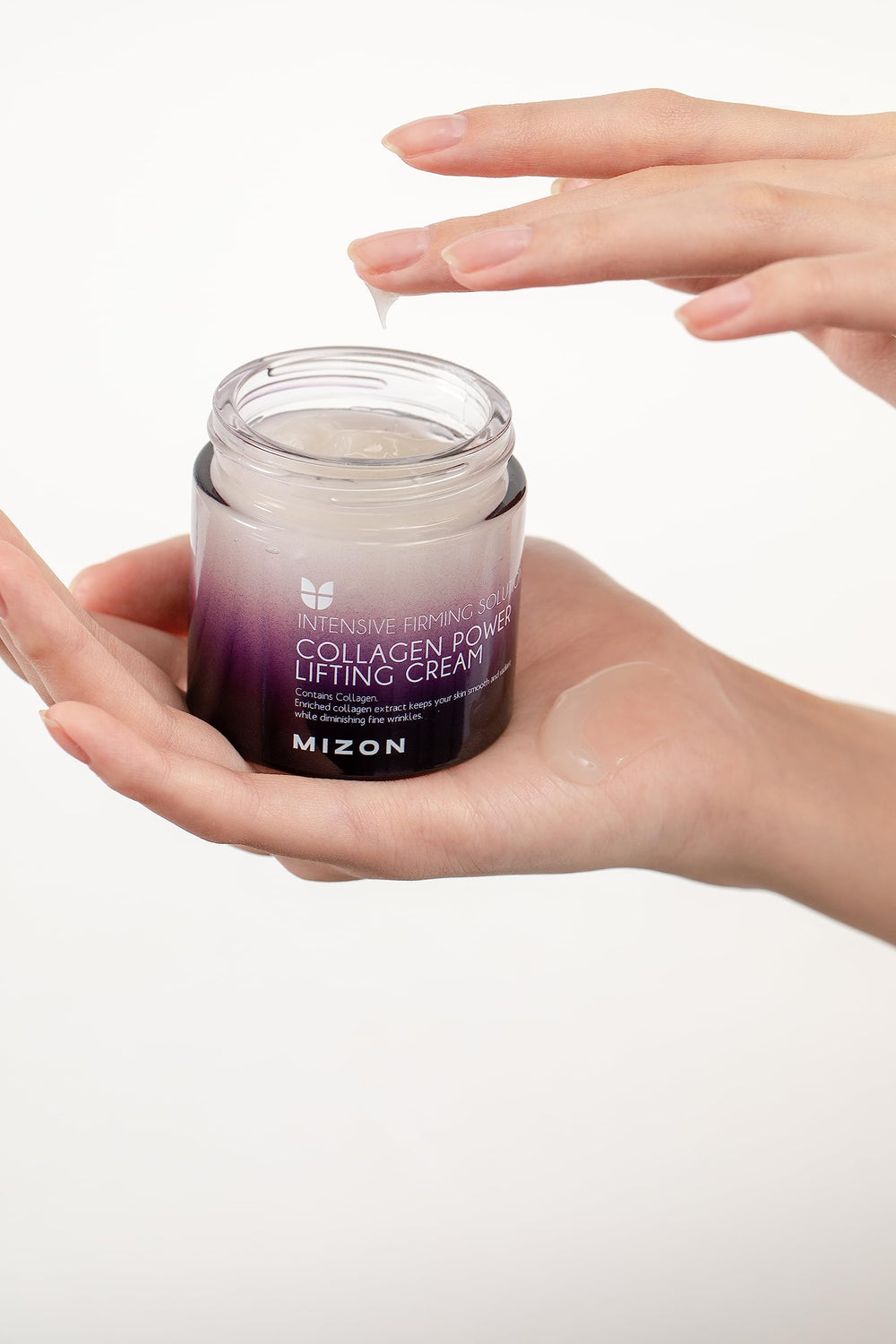 Elegant jar packaging of MIZON Collagen Power Lifting Cream with generous supply