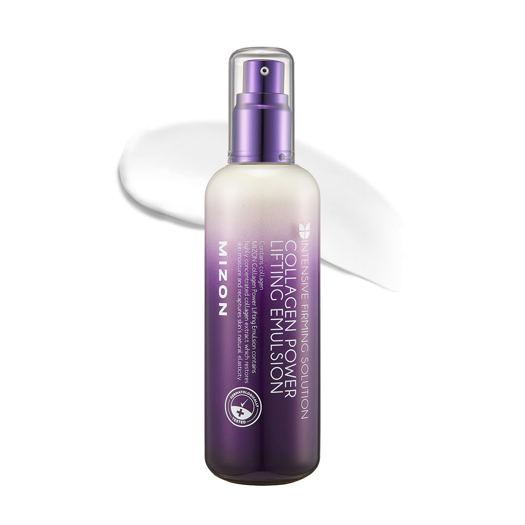 MIZON Collagen Power Lifting Emulsion bottle showing hydration and glow