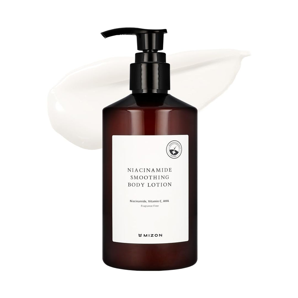 Lotion corporelle MIZON avec emballage biodégradable, hydratation durable.