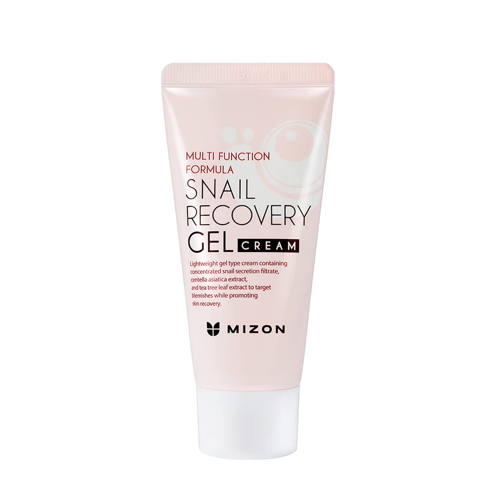 MIZON Snail Recovery Gel Cream jar close-up showing fragrance-free, moisture-rich formulation.