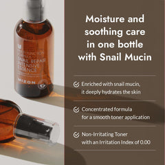 MIZON Snail Repair Intensive Toner label detail highlighting key ingredients.