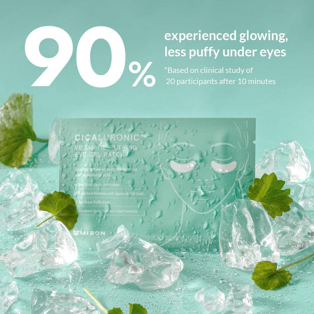MIZON eye patch featuring tea tree, calendula, and aloe for soothing comfort.