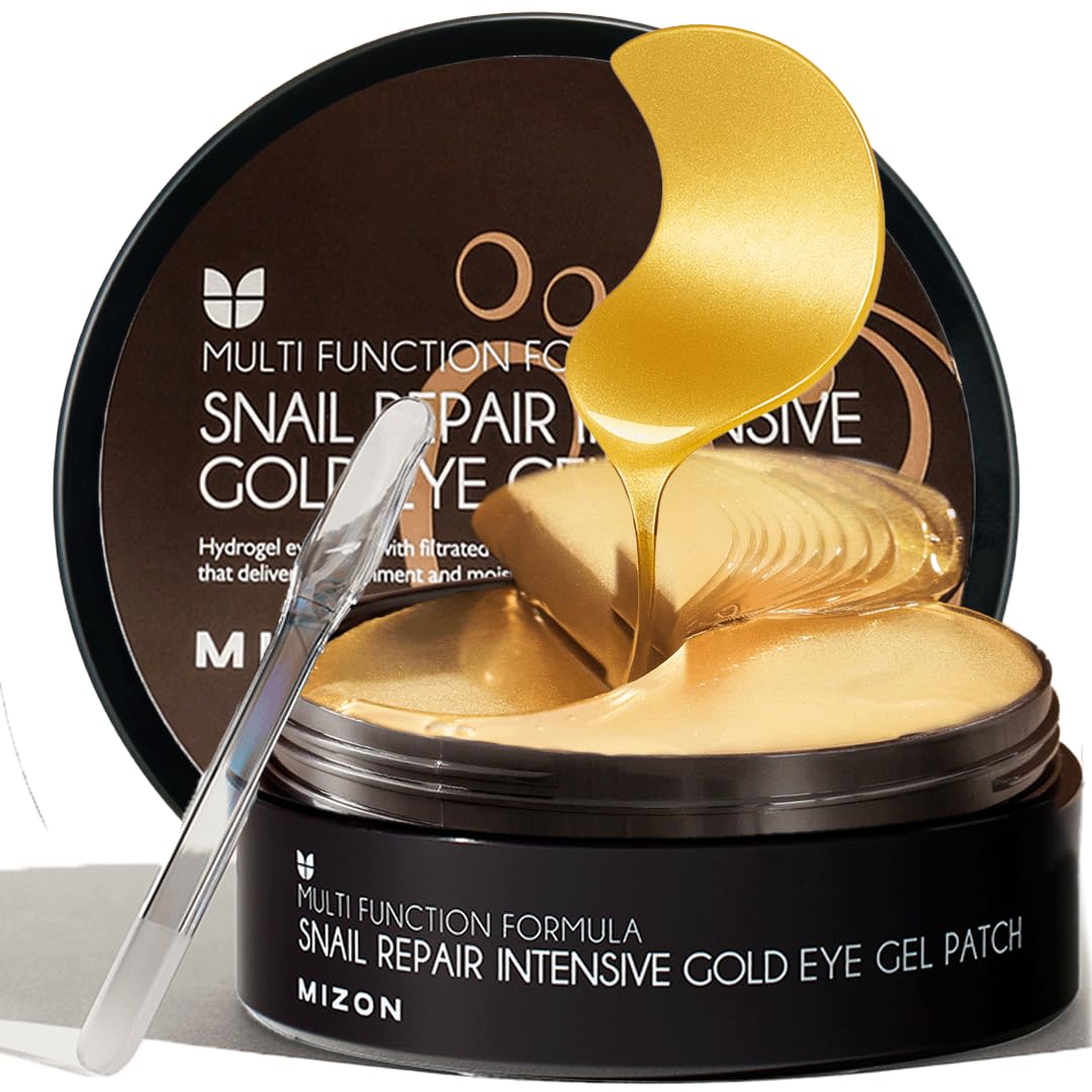 MIZON under-eye patches with 24K gold and snail mucin for hydration.