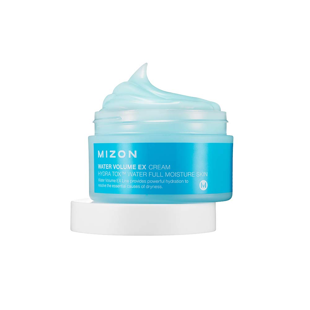 MIZON Water Volume EX Cream texture swatch highlights quick absorption and moisturization.