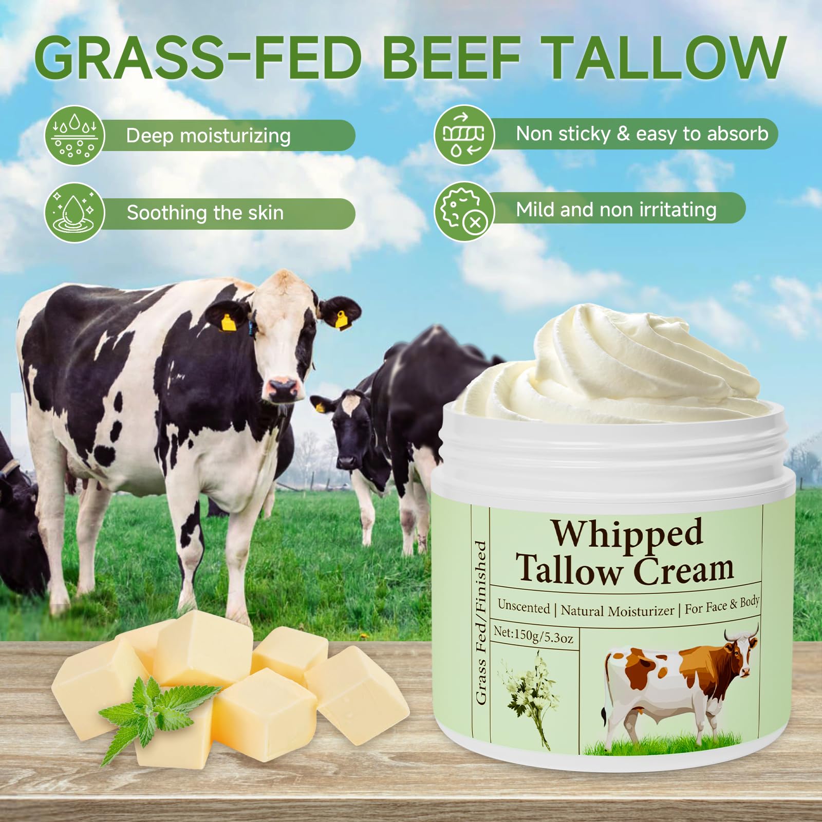 MKZEA Beef Tallow on lips and hands provides gentle hydration for dry areas.