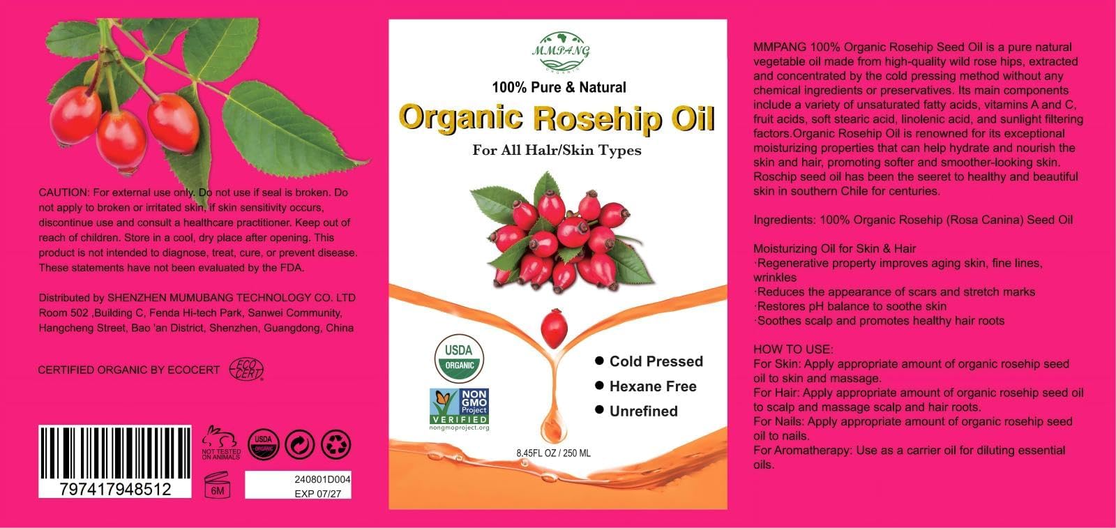 MMPANG Rosehip Oil quick-absorption provides non-greasy feel.