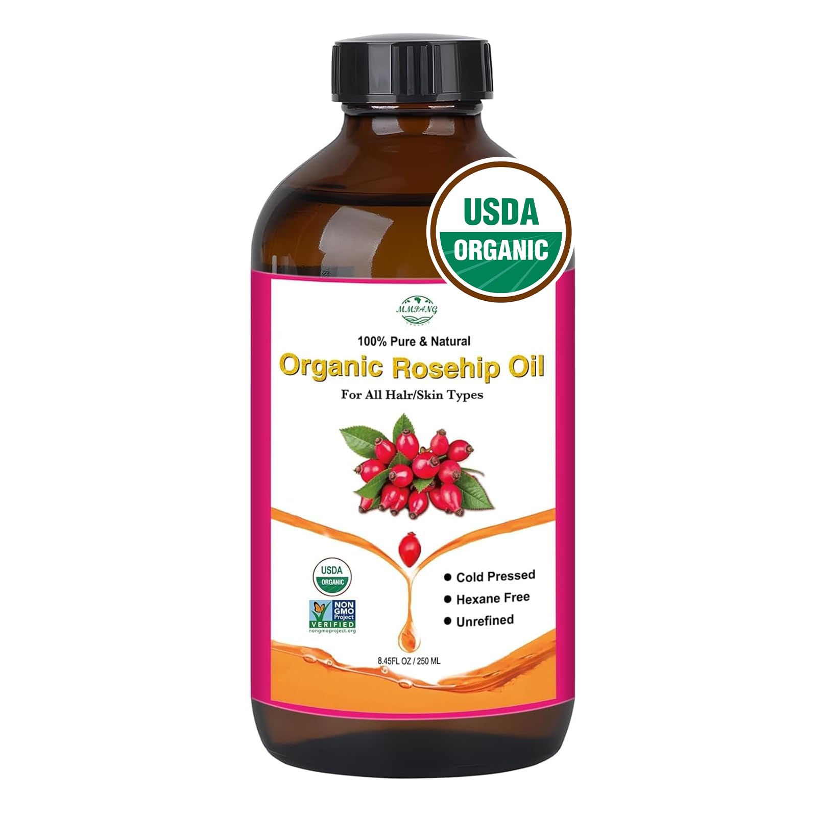 MMPANG Rosehip Oil bottle in brown glass preserves potency for daily use.