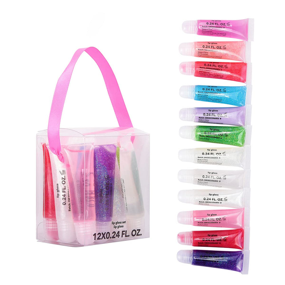 M&U glitter lip gloss set with carrying case for shimmering, moisturized lips.