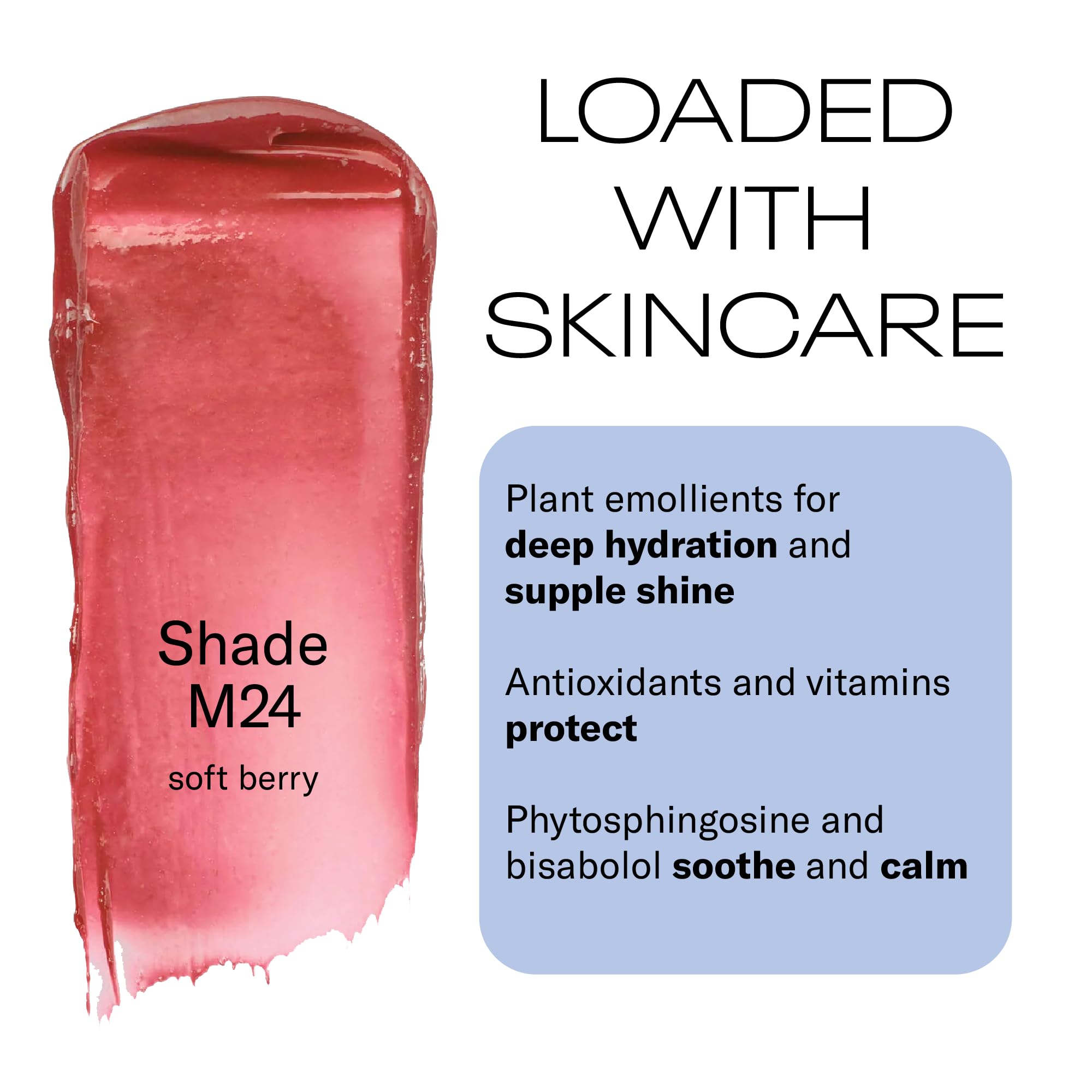 MOB M24 Plum lip balm tube close-up with a glossy finish for silky shine.