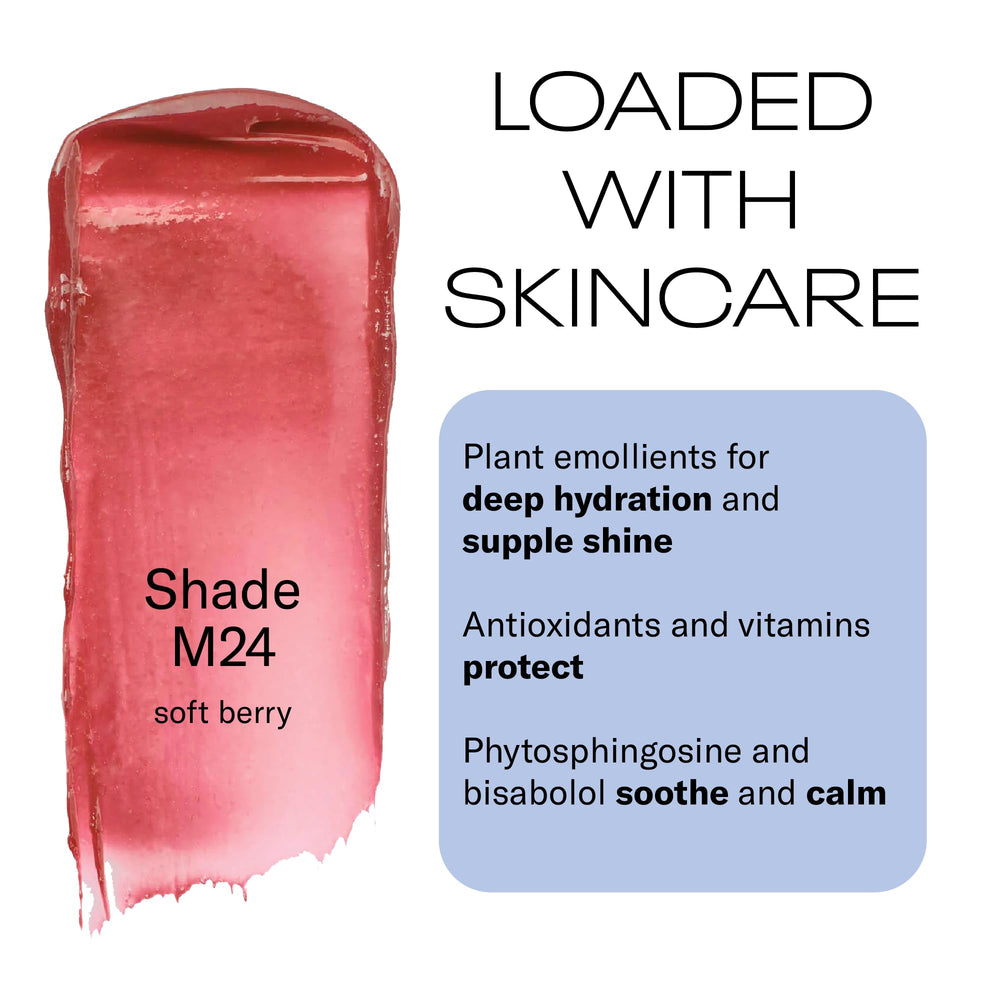 MOB M24 Plum lip balm tube close-up with a glossy finish for silky shine.