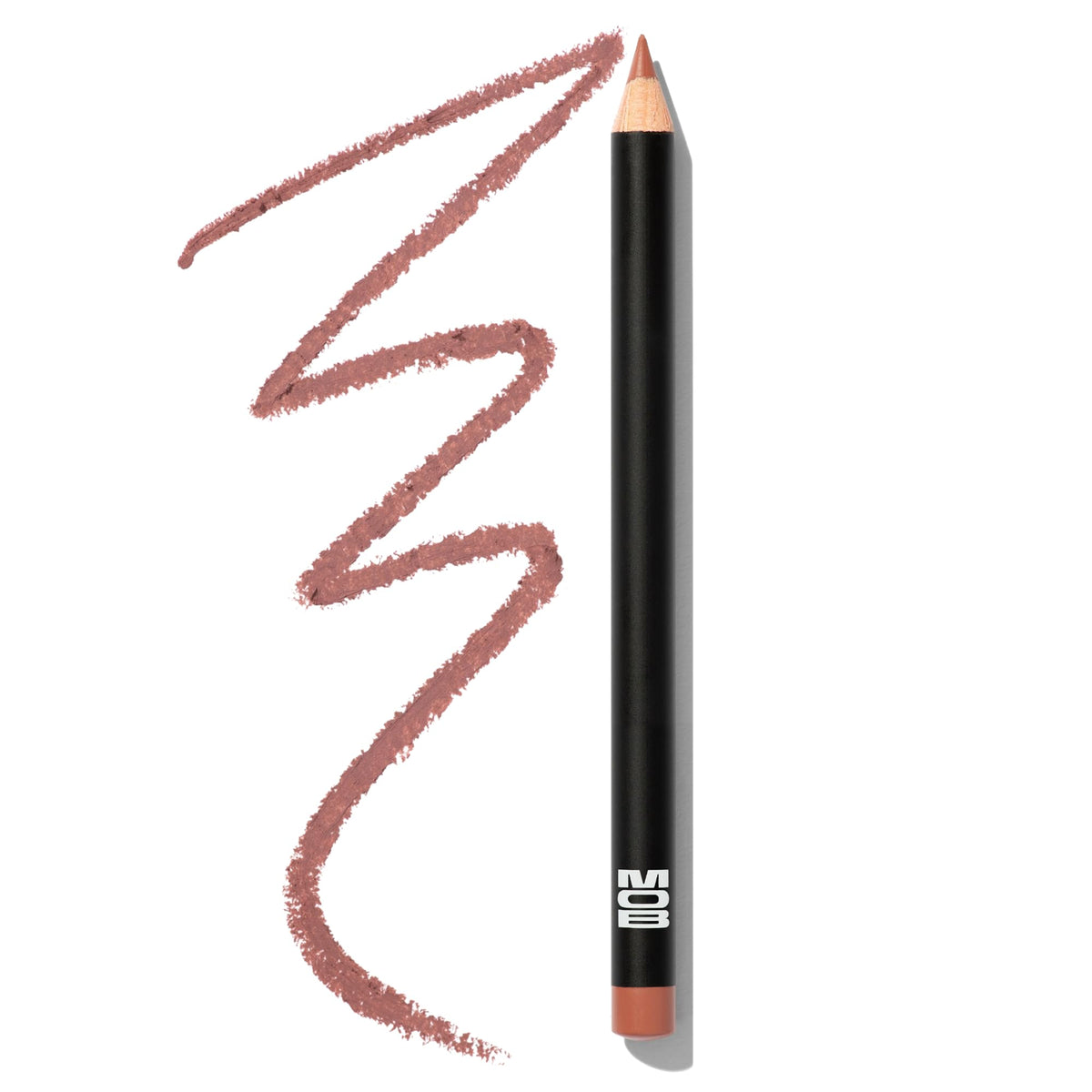 MOB Beauty M1990 cool-tone lip liner swatch demonstrates long-wear definition.