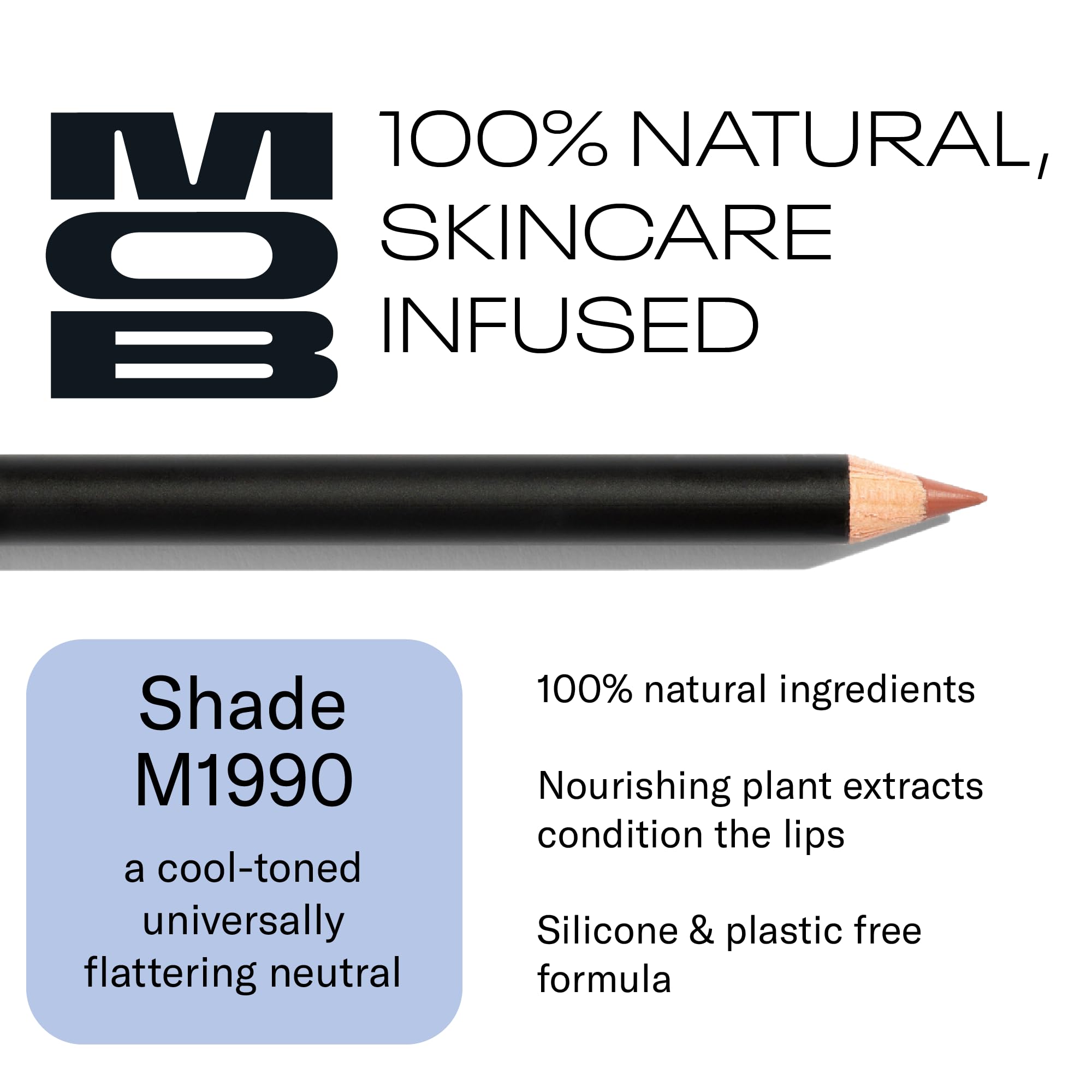 MOB Beauty M1990 pencil tip close-up shows smooth glide for precise lines.