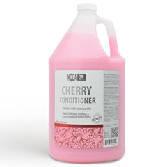 MODA moisturizing conditioner bottle pouring, showcasing professional cherry formula for smooth, manageable hair.